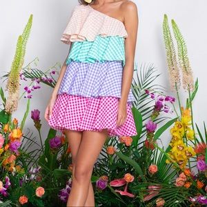 Sundress One Shoulder Gingham Tiered Ruffle Dress